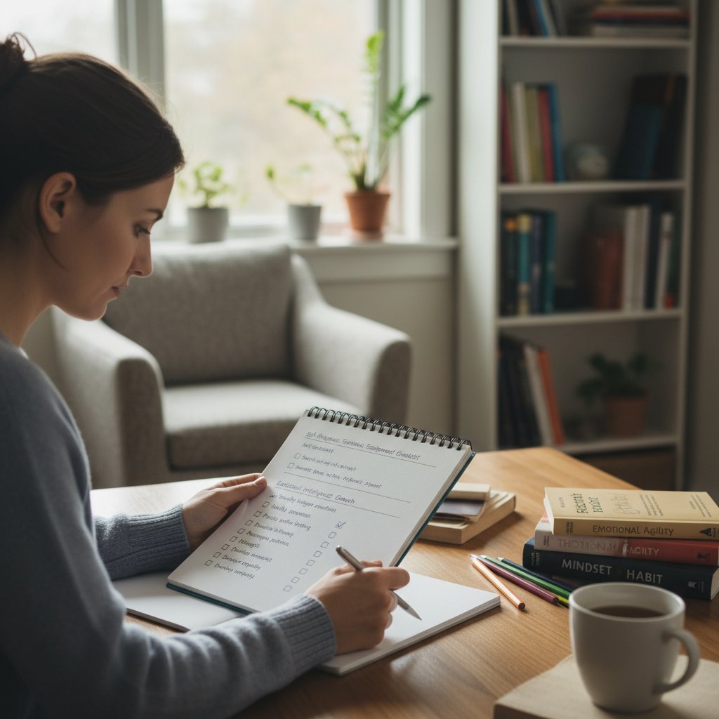 Kobieta trzymająca notatnik z checklistą, skupiona, słowa kluczowe: autodiagnoza, inteligencja emocjonalna, rozwój