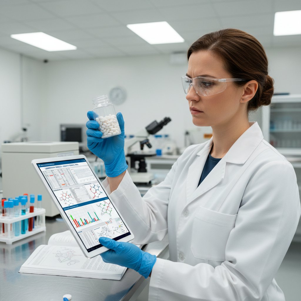 Kobieta trzymająca blister tabletek i analizująca wyniki badań, zbliżenie