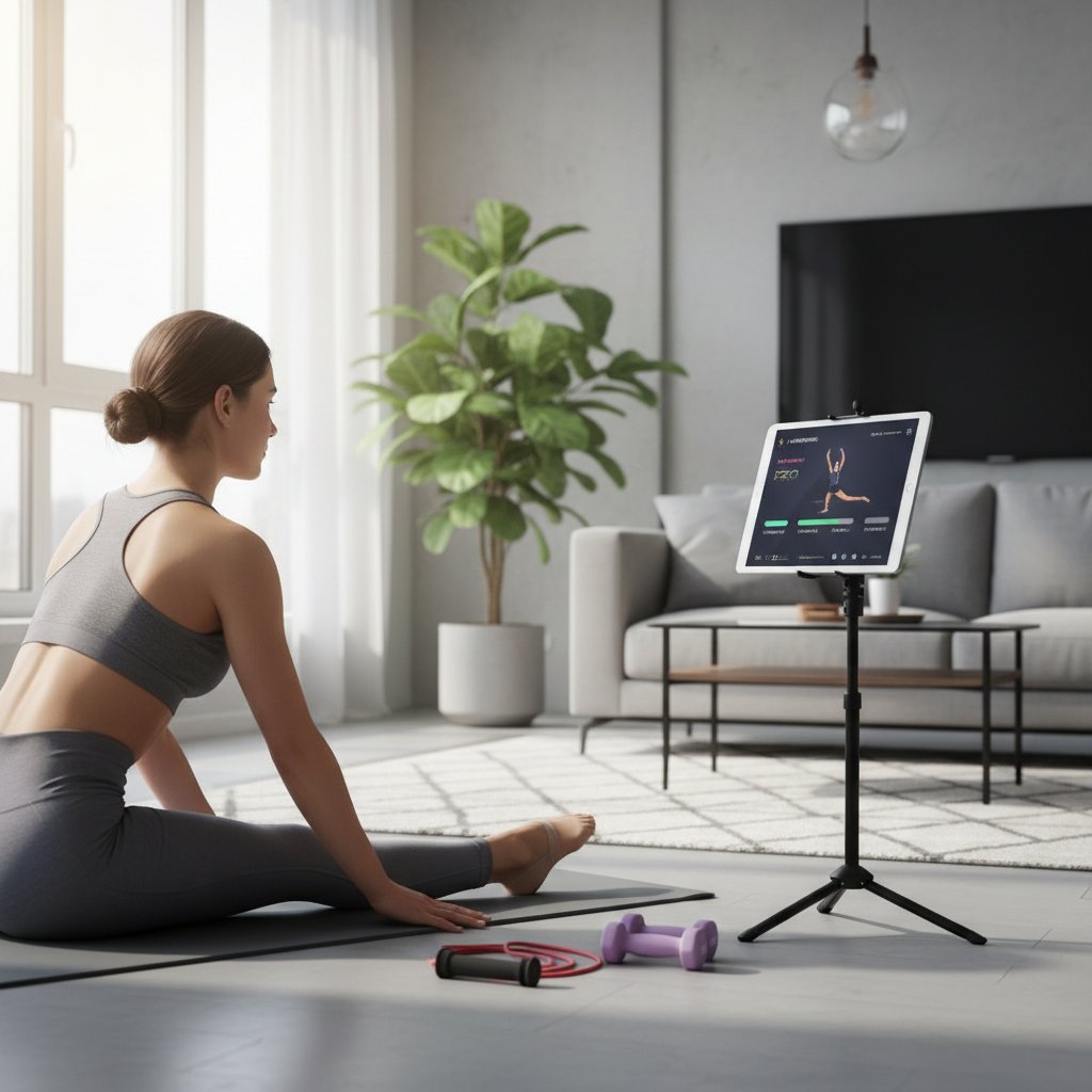 Kobieta ćwiczy gimnastykę w domu z aplikacją treningową na tablecie