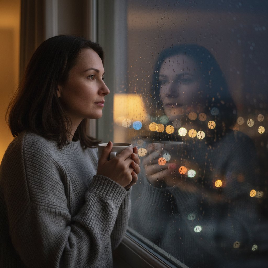 Kobieta patrząca przez mokre okno, wieczorne światła miasta, refleksyjny nastrój, lęk uogólniony
