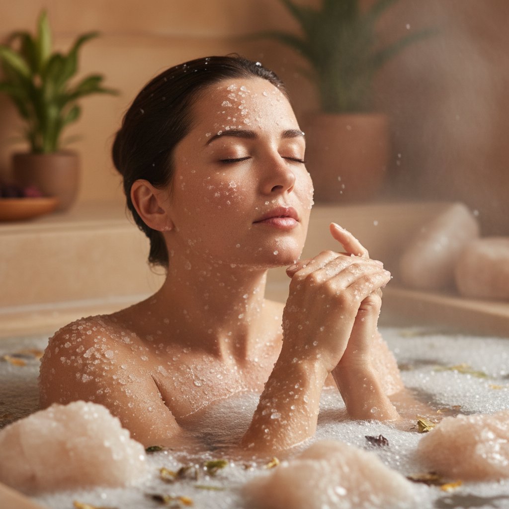 Proces kąpieli solankowej – kobieta w wannie z solą, widoczne kryształki na powierzchni skóry