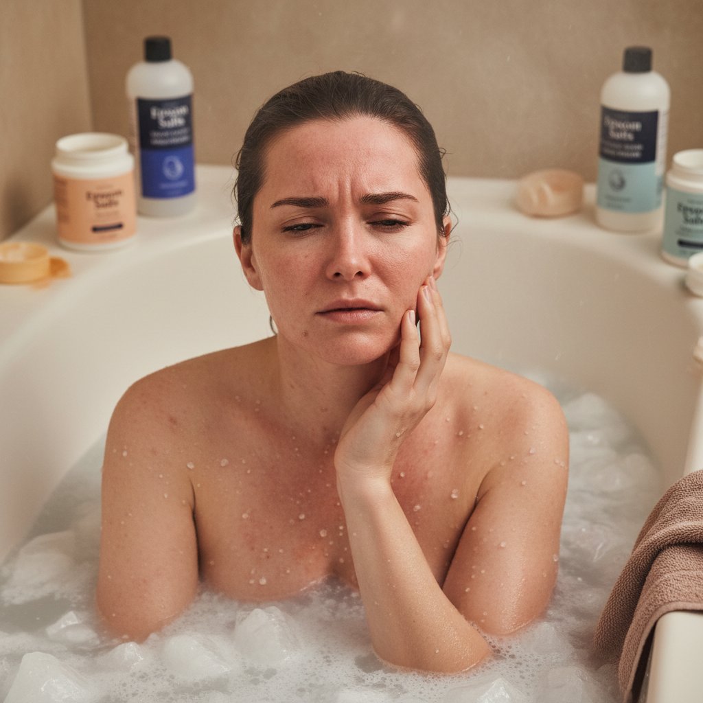 Skutki uboczne kąpieli solankowej – kobieta z podrażnioną skórą, domowe łazienkowe światło, wyraźne zaczerwienienie