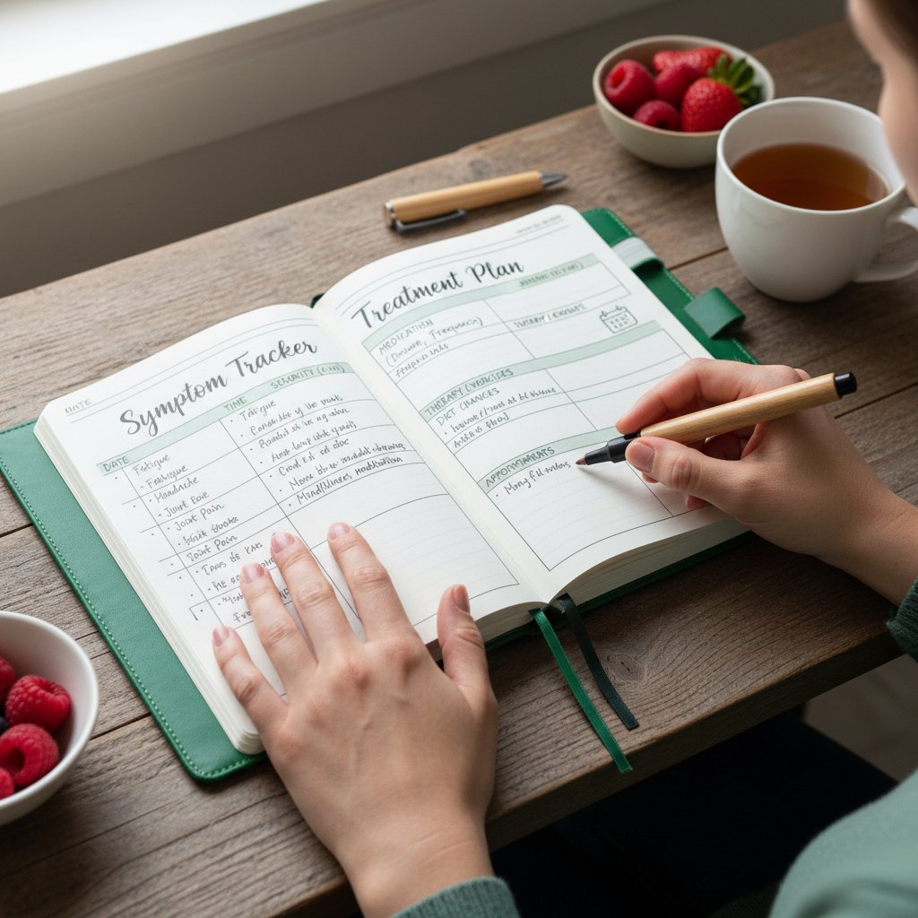 Kobieta prowadząca dziennik objawów i plan leczenia w zeszycie