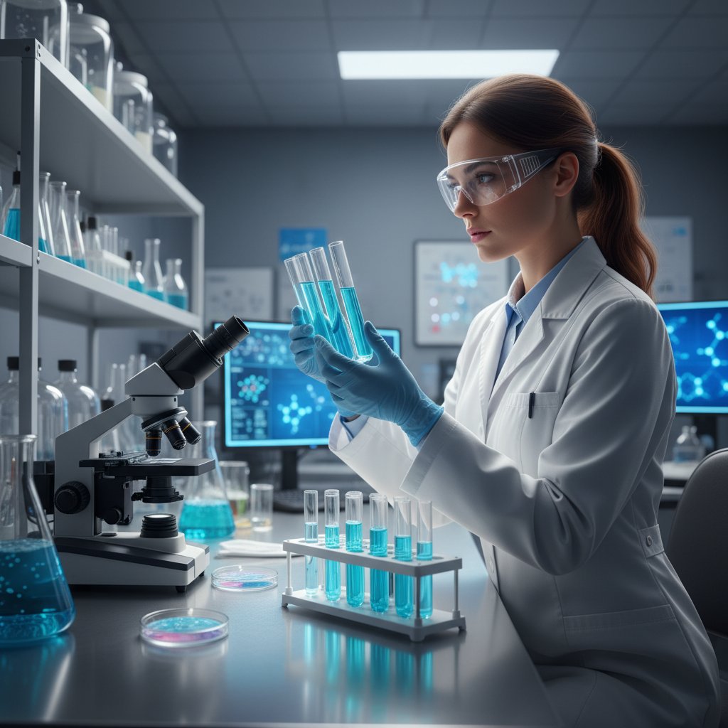 Zdjęcie archiwalne przedstawiające pierwsze laboratorium badające CA 125, kobieta przy mikroskopie