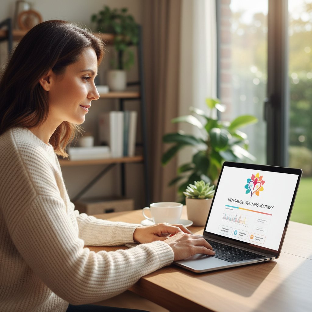 Fotografia kobiety korzystającej z laptopa, symbol nowoczesnych narzędzi wspierających zdrowie po menopauzie