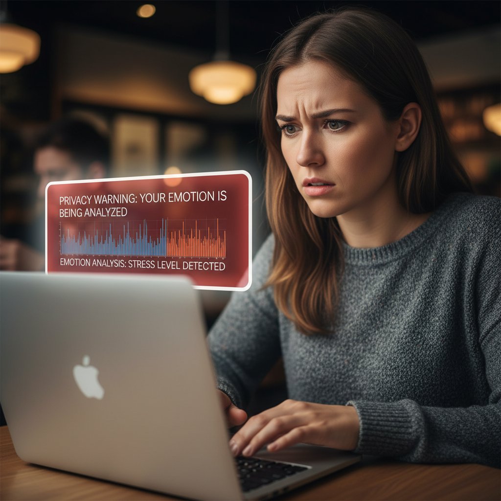 Młoda kobieta patrząca w kamerę laptopa, na ekranie widoczne ostrzeżenie o analizie emocji