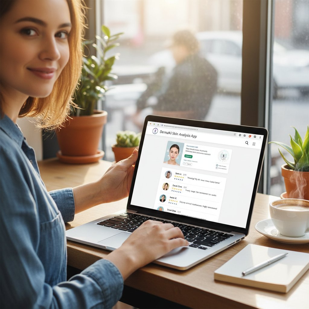 Kobieta porównuje recenzje aplikacji do analizy skóry na laptopie, na ekranie wyświetla się ranking narzędzi