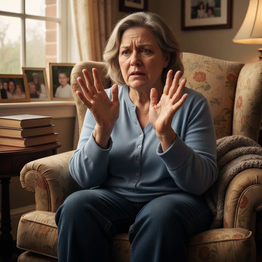 Osoba patrząca na swoje powiększone dłonie, wyraz twarzy pełen niepokoju, domowe otoczenie