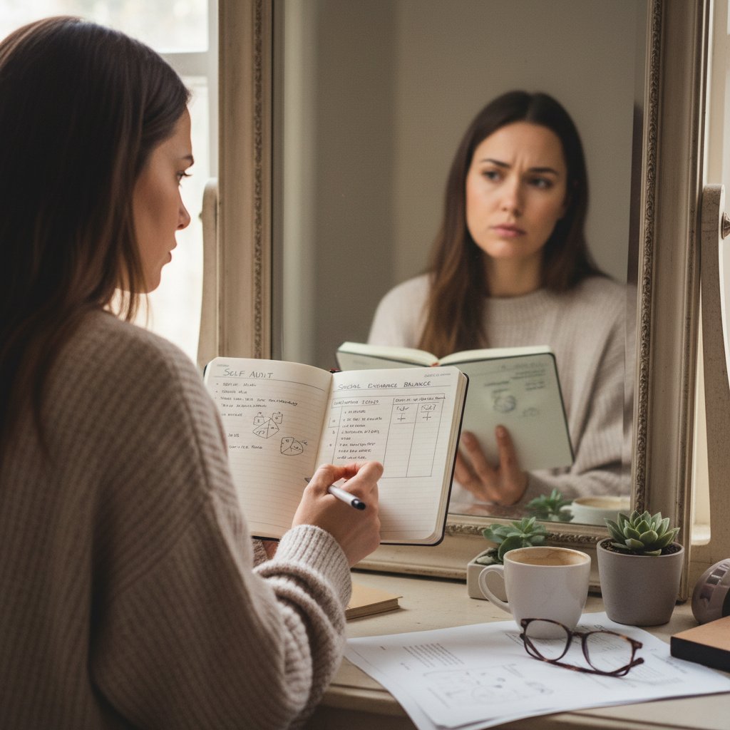 Kobieta patrząca w lustro z notatnikiem – symbol osobistego audytu relacji i bilansu wymiany społecznej