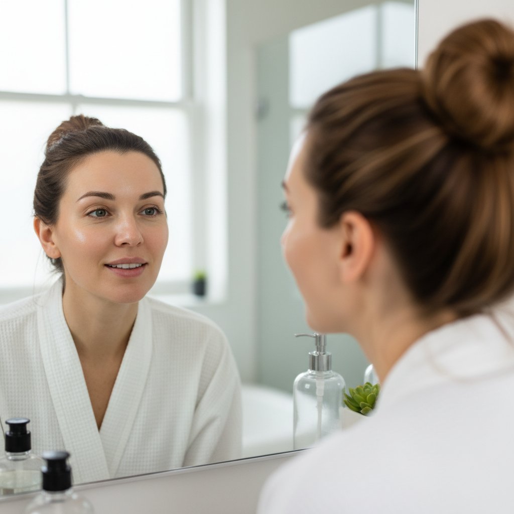 Kobieta patrząca smutno w lustro, widoczne ślady po zabiegu – aspekt psychologiczny pielęgnacji pozabiegowej