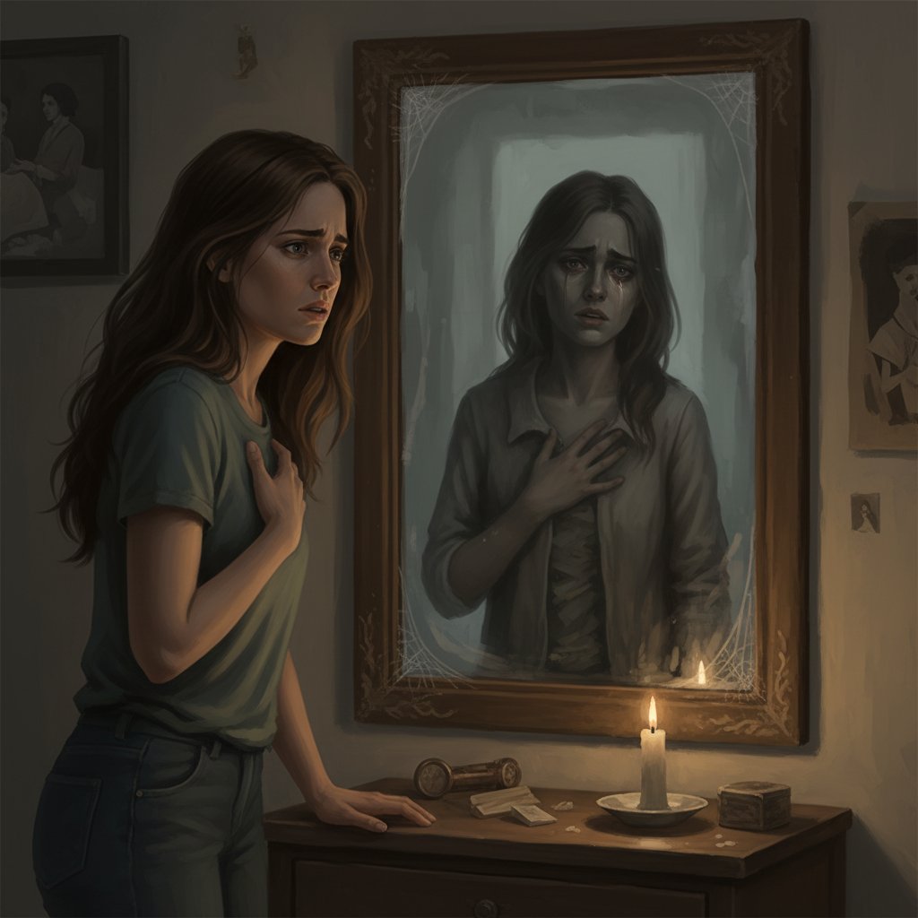 Kobieta patrząca w lustro z niepewnym wyrazem twarzy, ilustrująca autotest defleksji