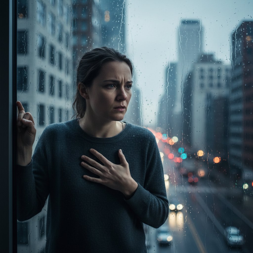 "Kobieta patrząca przez okno z zamyśloną miną – ilustracja narastającego napięcia w codzienności"