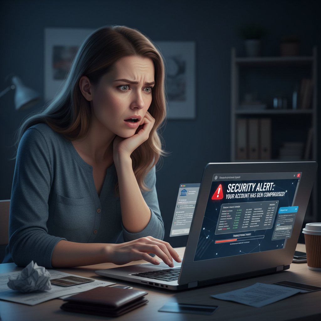 Kobieta patrząca z niepokojem na ekran laptopa – doświadczenie phishingu