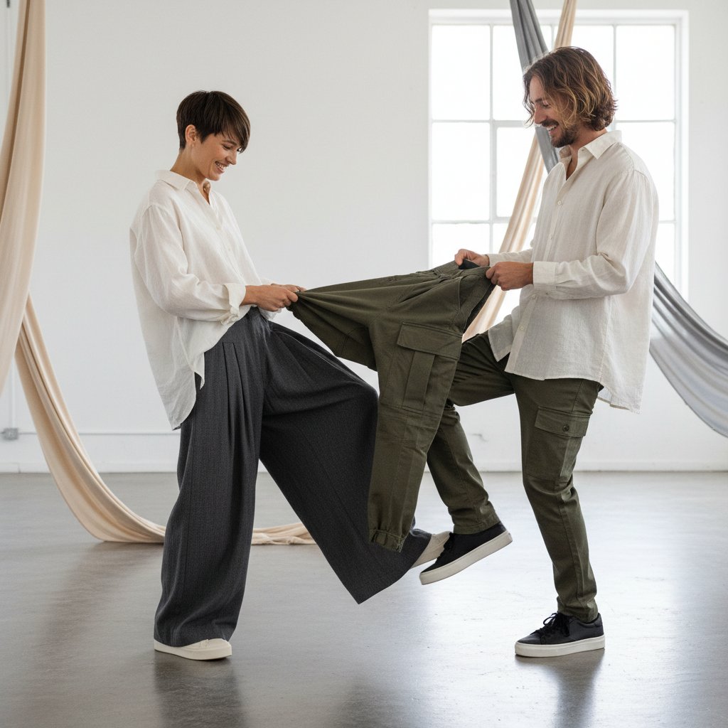 Kobieta i mężczyzna zamienili się spodniami, pozują z uśmiechem