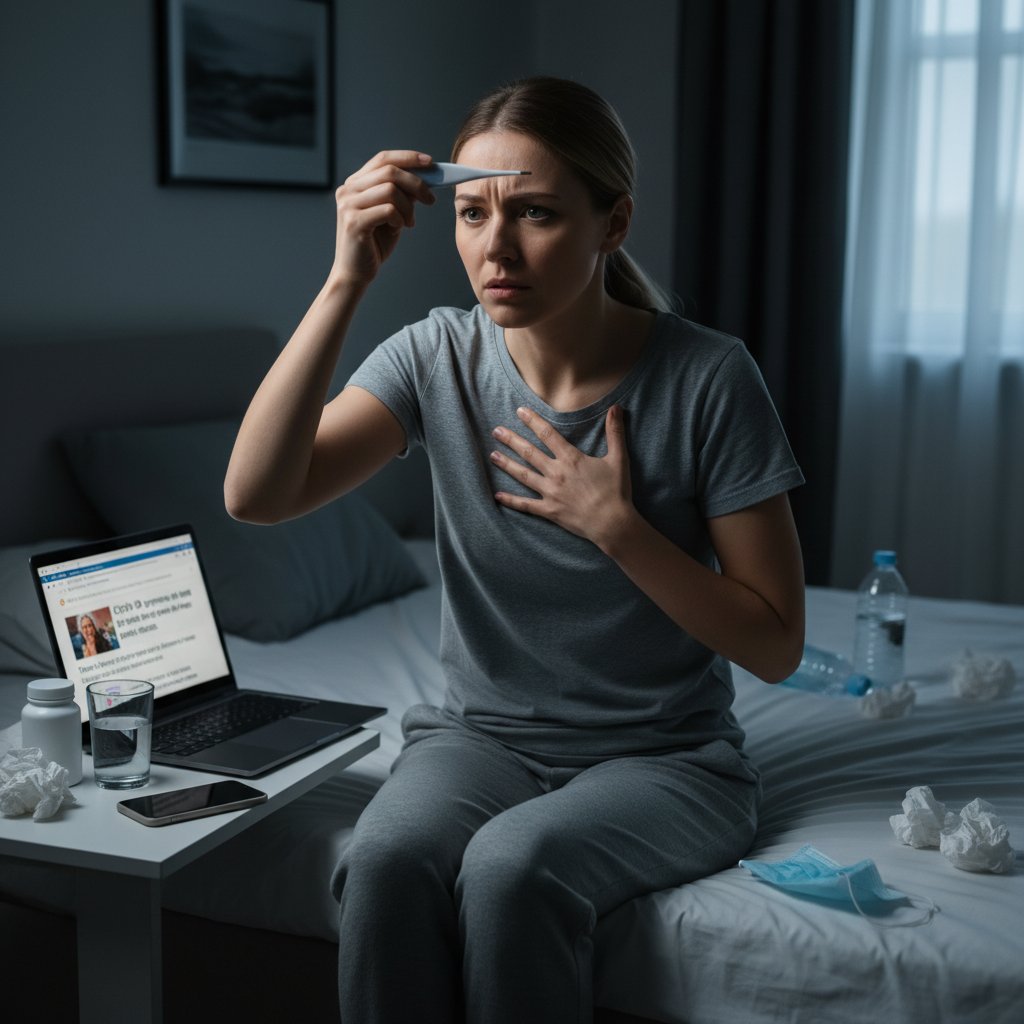Kobieta mierzy temperaturę, zmartwiona mina, obok leży telefon z otwartą stroną o objawach covid