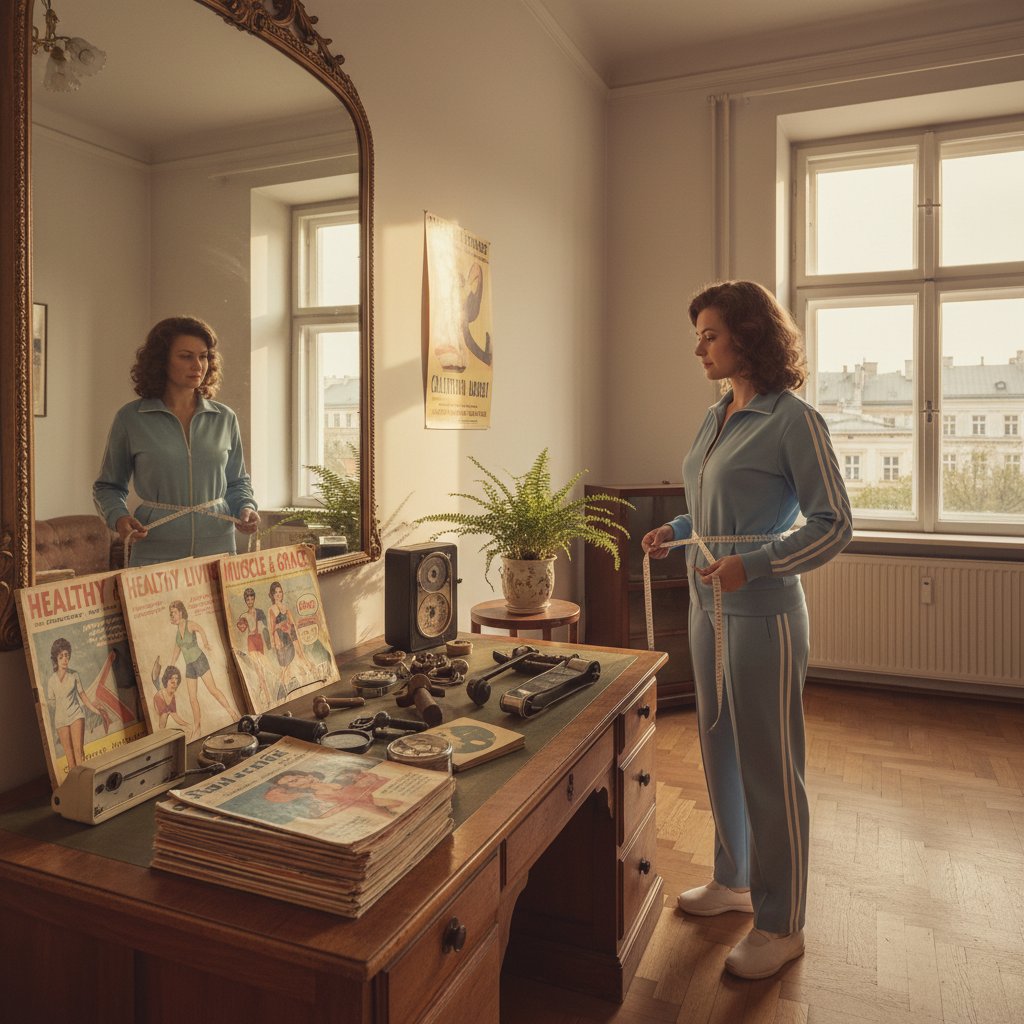 Pomiar obwodu talii przez kobietę w nowoczesnym mieszkaniu, Warszawa, otoczenie magazynów zdrowotnych