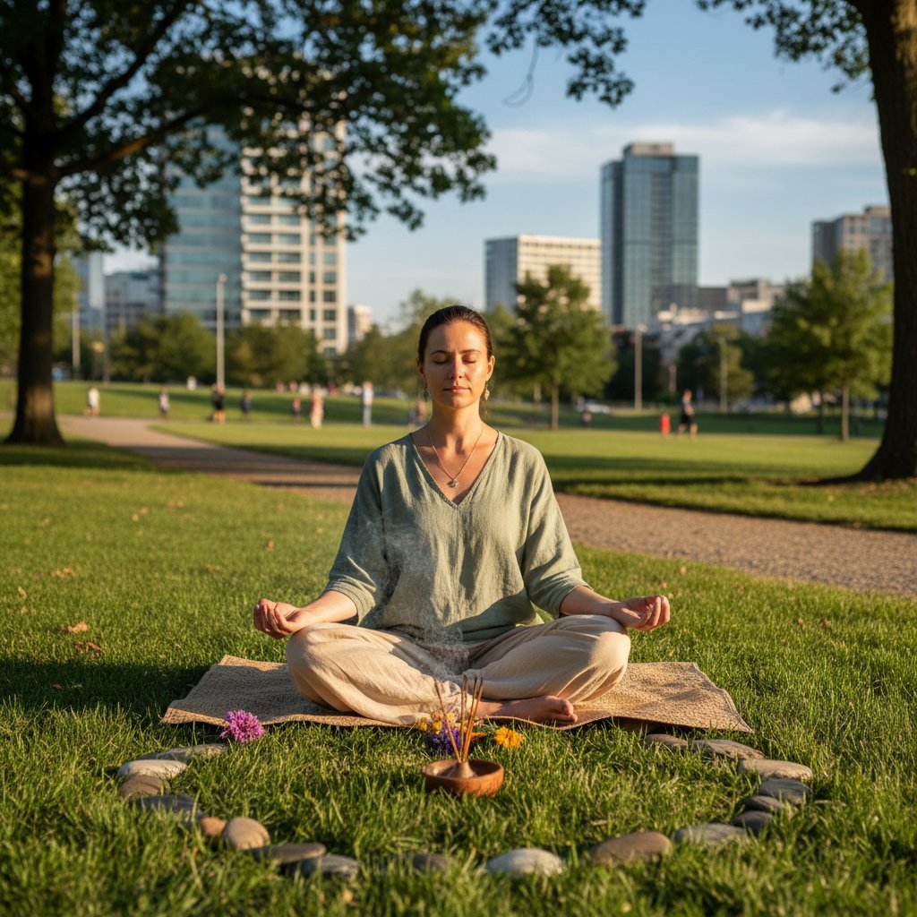 Kobieta medytuje na trawie w miejskim parku, kontakt z naturą jako codzienny rytuał