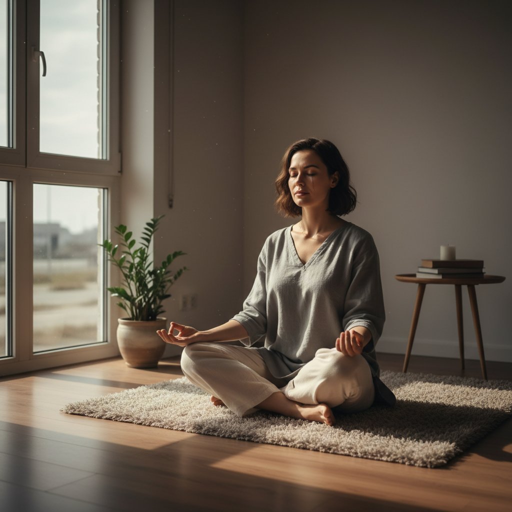 Kobieta medytująca w domowym zaciszu, praktyka mindfulness jako technika radzenia sobie z samotnością