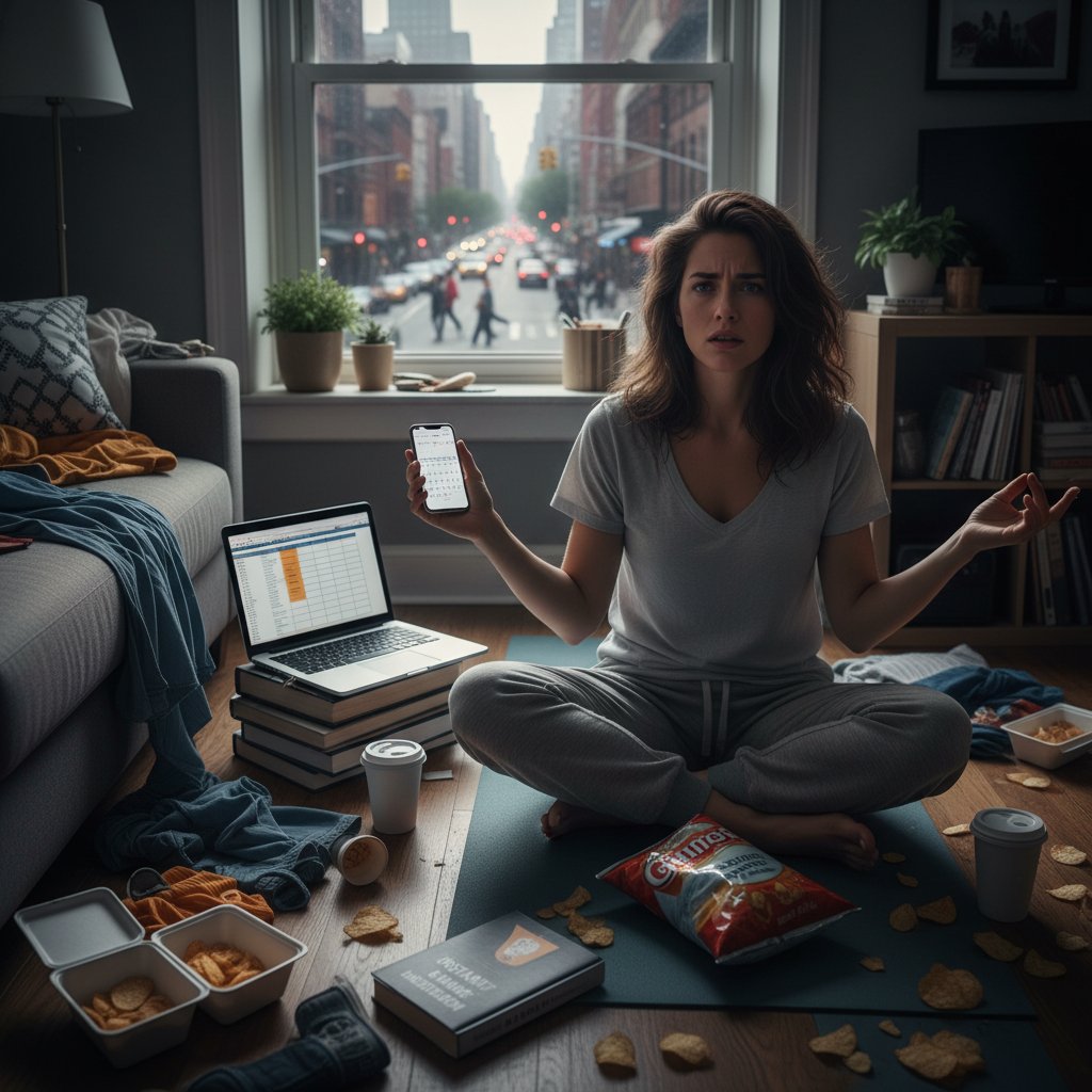 Kobieta medytująca w pośpiechu, nieskuteczne techniki radzenia sobie ze stresem