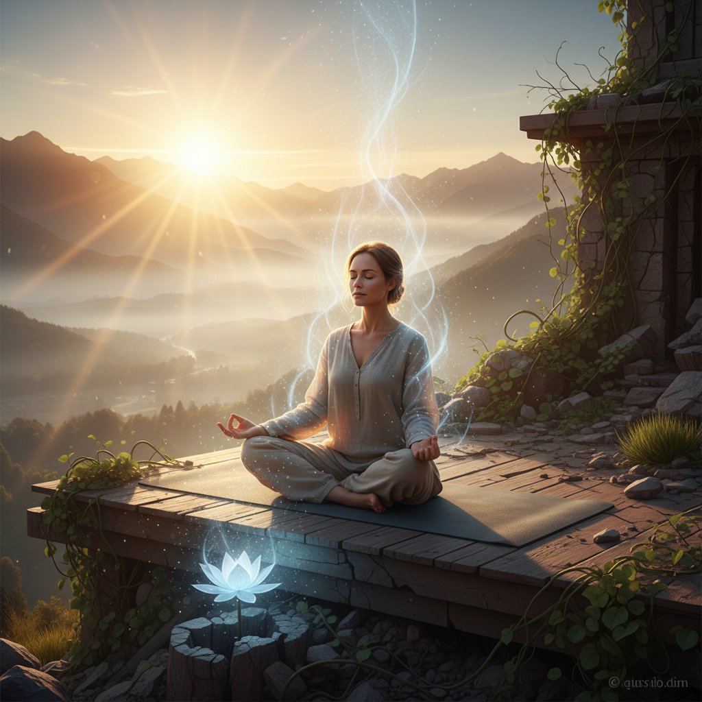 Kobieta praktykująca mindfulness medytując rano, promienie słońca, symbol wyjścia z kryzysu