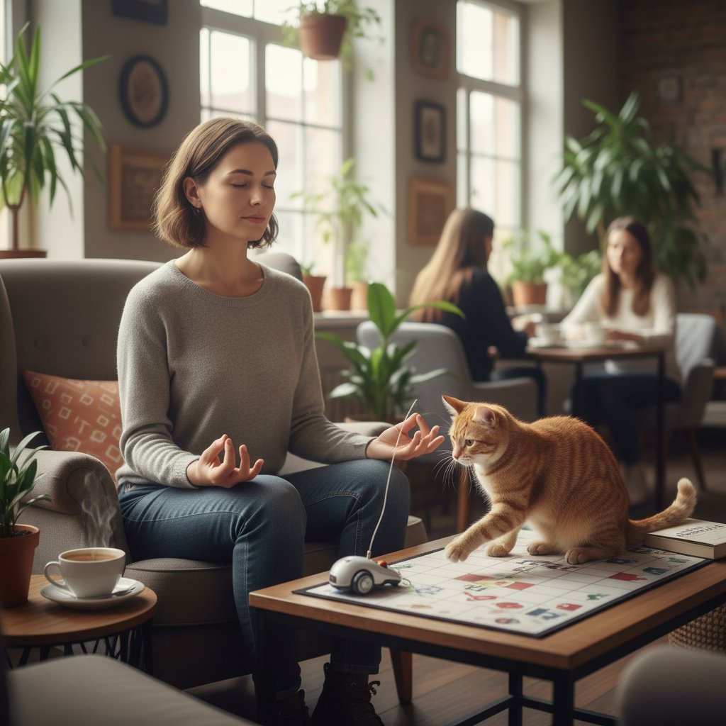 Młoda kobieta praktykująca mindfulness przy grze z kotem na telefonie, spokojna atmosfera kawiarni