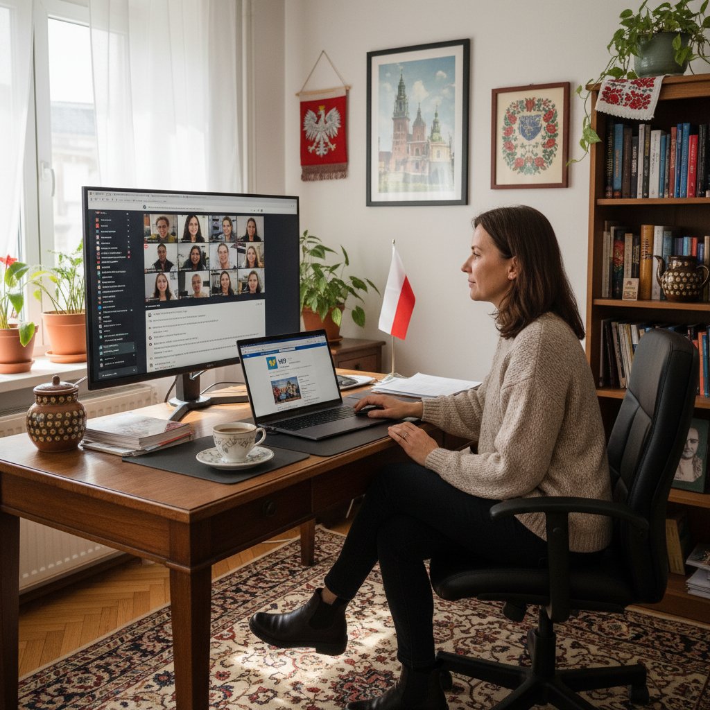 Kobieta przed komputerem, skupiona moderacja dyskusji, spokojny wyraz twarzy, domowe biuro, klimat zmiany