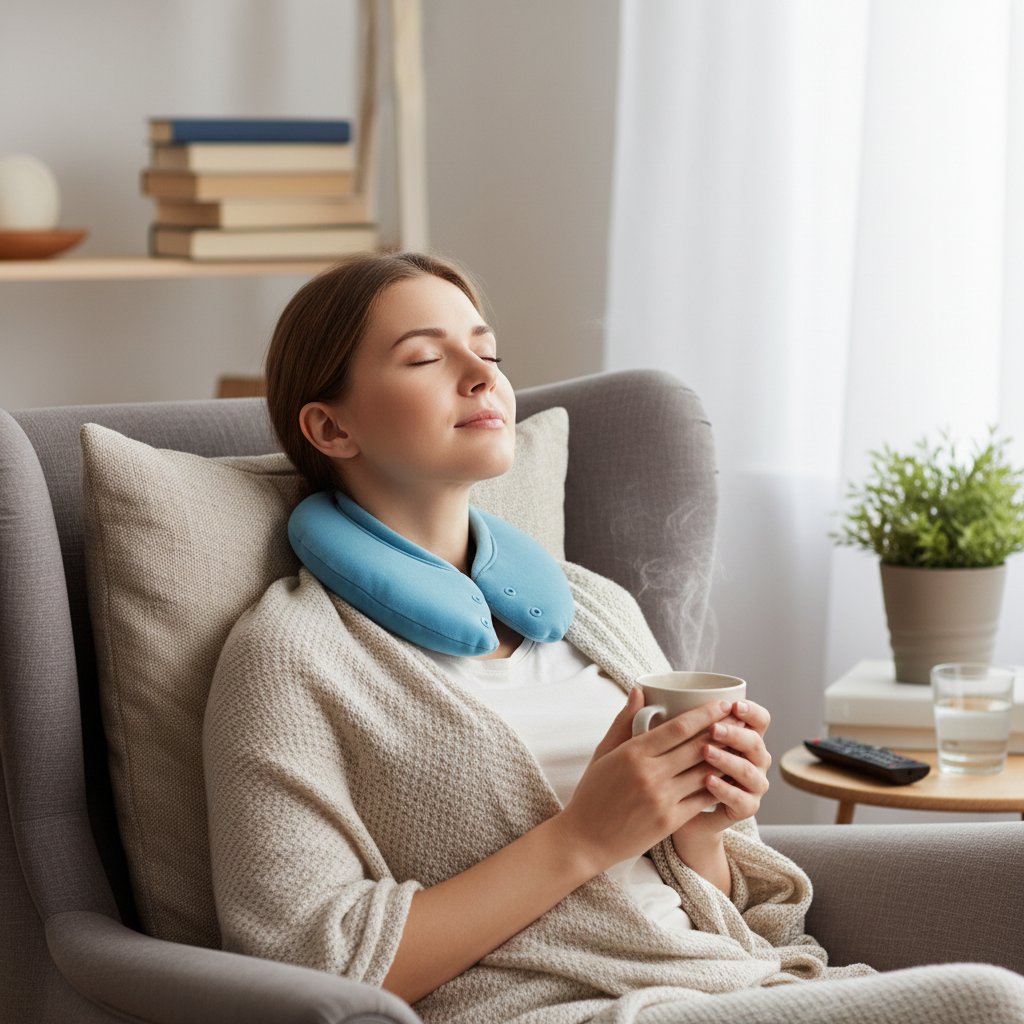 Kobieta stosująca chłodny okład na szyję po zabiegu liftingu, relaks w domu