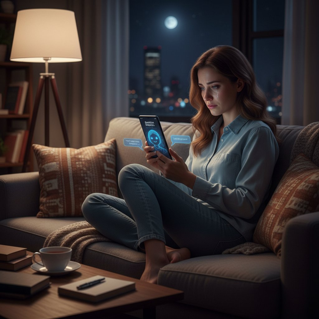 Junge Frau sitzt abends mit Smartphone auf Sofa, entspannt und nachdenklich, symbolisiert emotionale Hilfe durch KI-Freundin