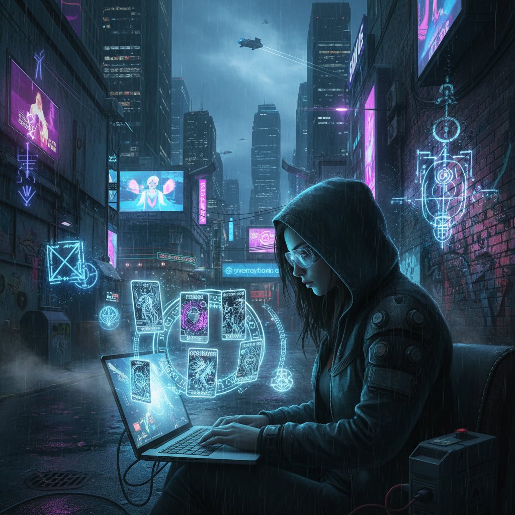 Frau sitzt nachts am Laptop, runzelt nachdenklich die Stirn, während digitale Tarotkarten um sie schweben. Moderne Cyberpunk-Atmosphäre, städtischer Hintergrund, mystische Symbole – Szene für Hellsehen online Chat anonym.