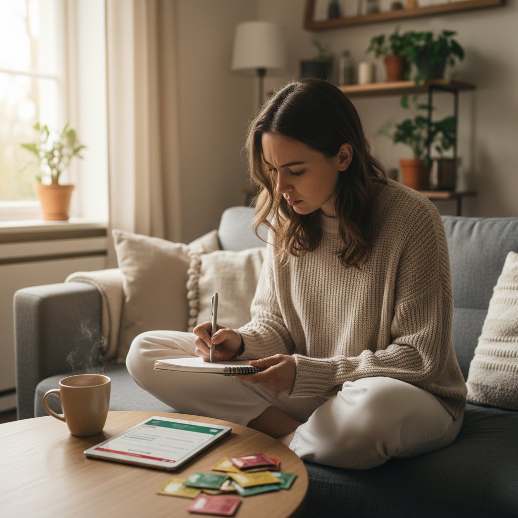 Kobieta notująca objawy w notesie w domowym otoczeniu