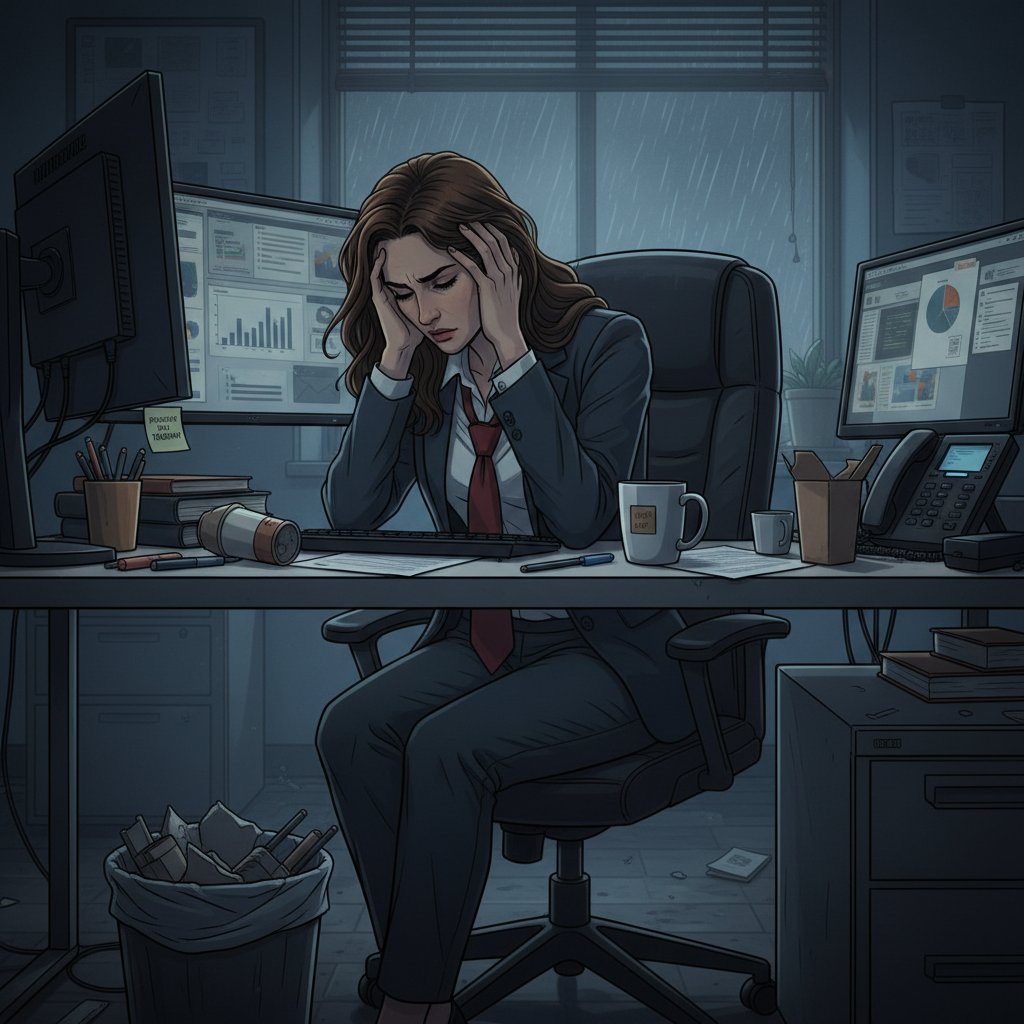 Kobieta w biurze, zamyślona, z kubkiem kawy, widoczne zmęczenie i napięcie