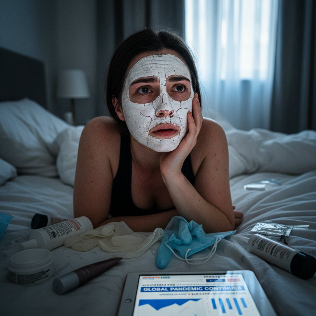 Kobieta leży na łóżku w maseczce, patrząc z niepokojem na skórę dłoni – epidemia świerzbu, skutki COVID-19