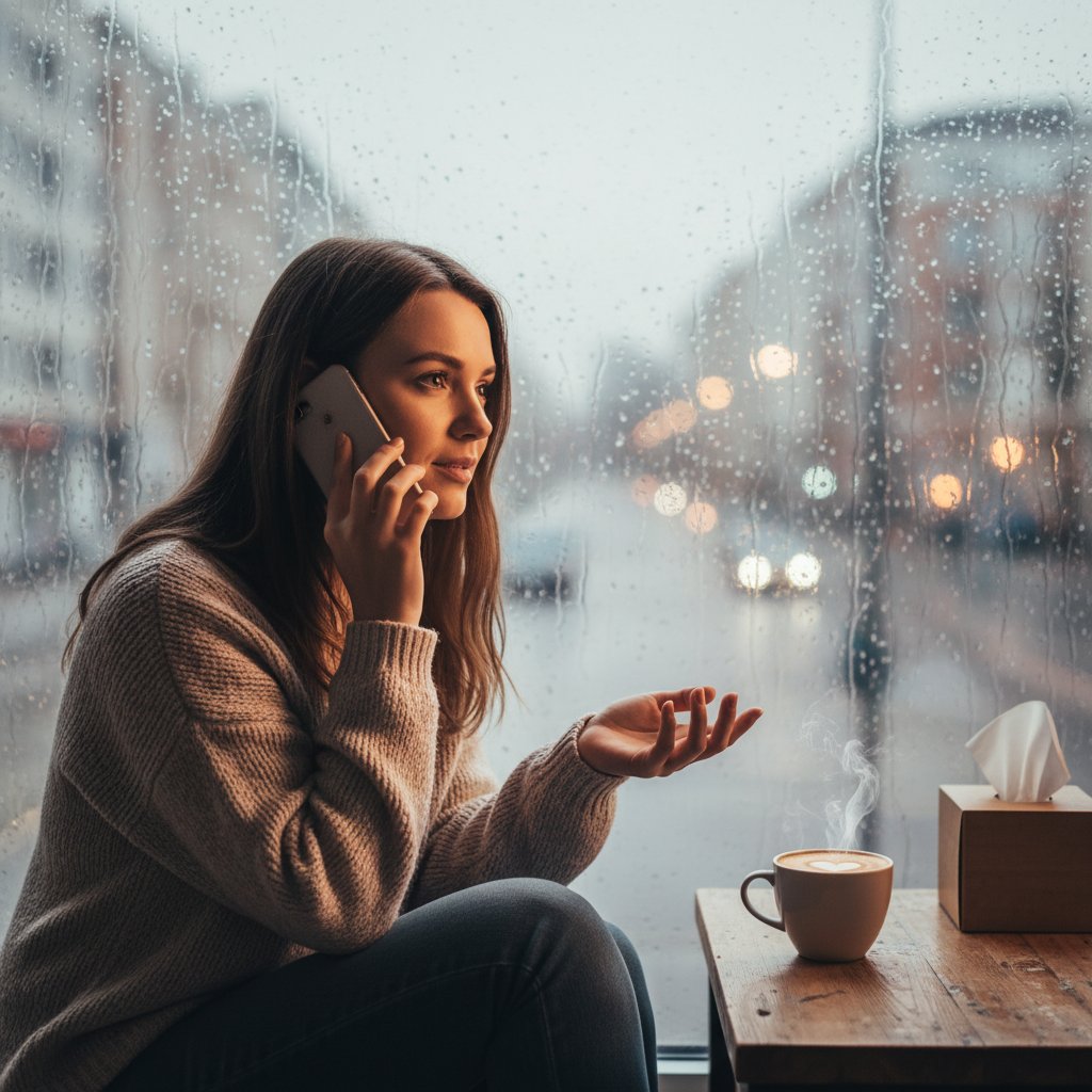 Kobieta podczas rozmowy telefonicznej, widok zza okna, zachmurzone niebo, atmosfera introspekcji i wsparcia