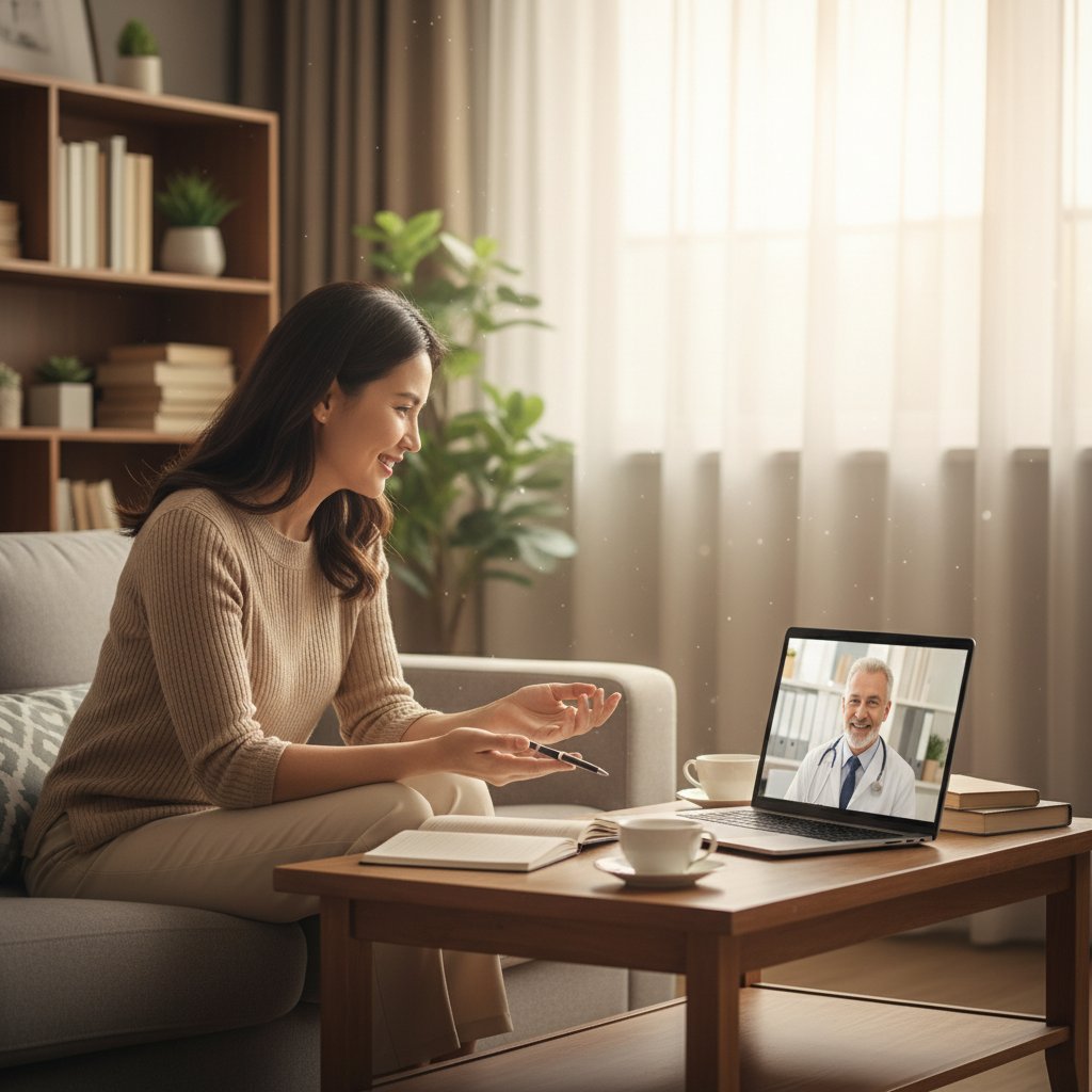 Kobieta konsultująca się z lekarzem online, laptop na stole, domowe otoczenie, popołudnie