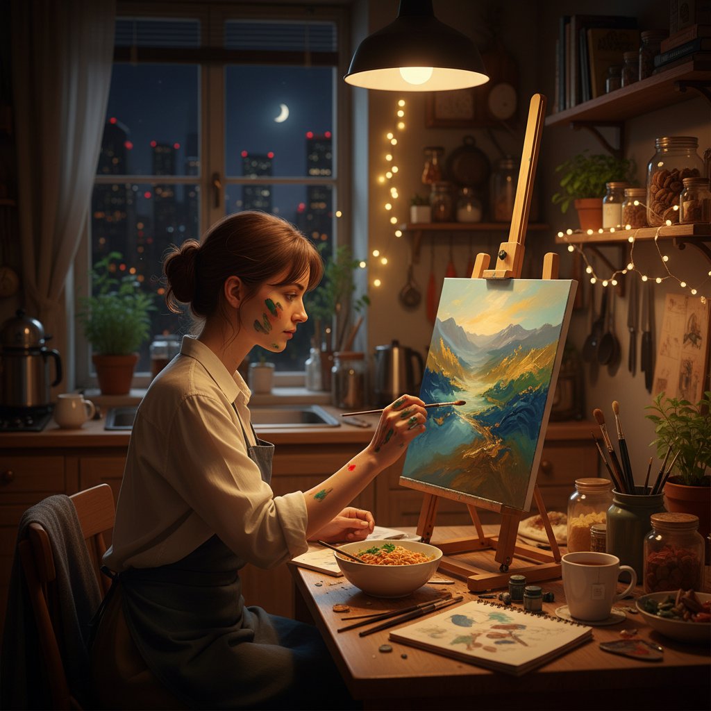 Eine Frau malt nachts in ihrer Küche – Symbol für kreativen Neuanfang