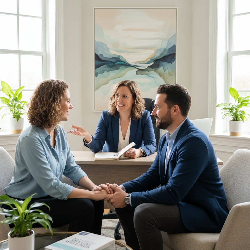 Kobieta rozmawiająca z partnerem i terapeutką w jasnym gabinecie, symbolizująca wsparcie i nadzieję na poprawę życia seksualnego