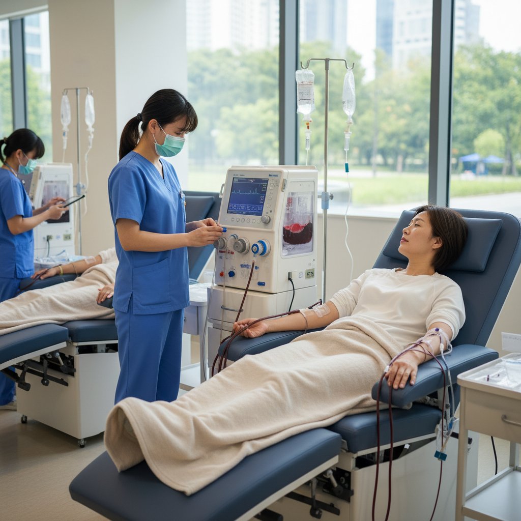 Pacjentka rozmawiająca z personelem medycznym podczas dializy, słowa kluczowe dializa, wsparcie psychiczne