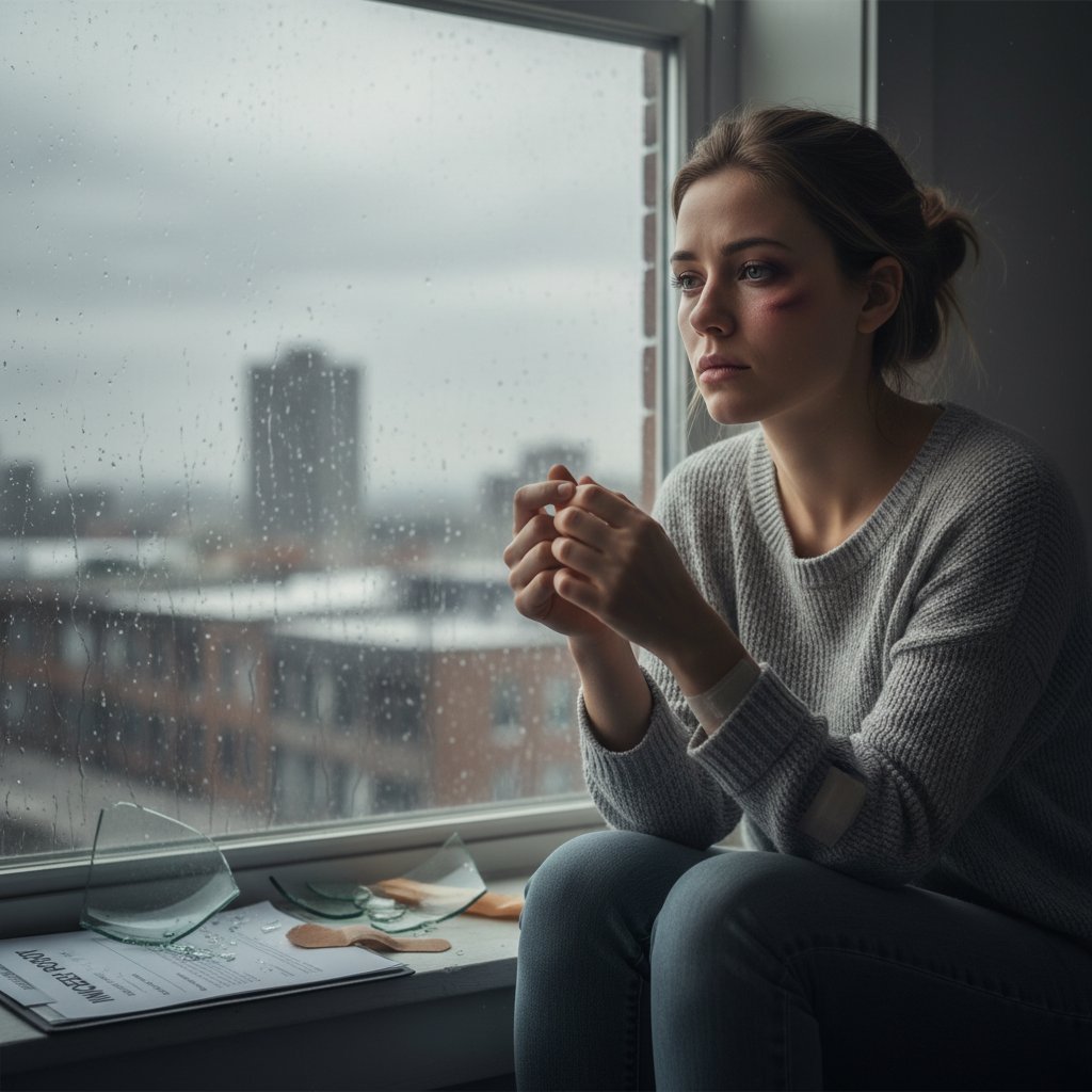 Zdjęcie: młoda kobieta wpatrzona zamyślona przez okno, wyraźnie zaniepokojona – symbol traumy po omdleniu