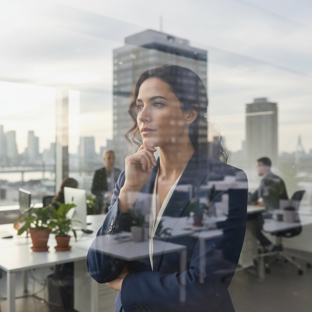 Kobieta w biurze, zamyślona, patrząca przez okno, symbolizująca refleksję nad self-compassion