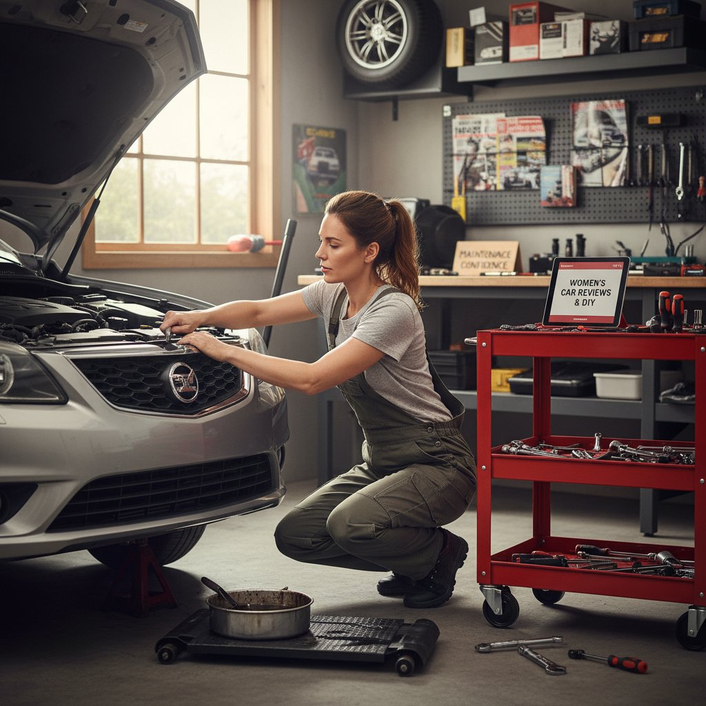 Photo of a woman performing basic maintenance on her car at home, women car reviews, maintenance confidence