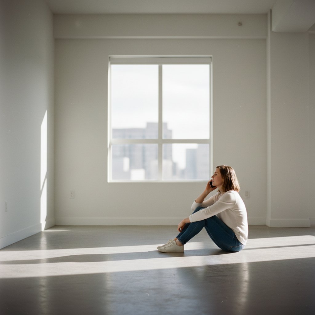 Kobieta rozmawiająca przez telefon w pustym pokoju, światło wpada przez okno, atmosfera dyskrecji