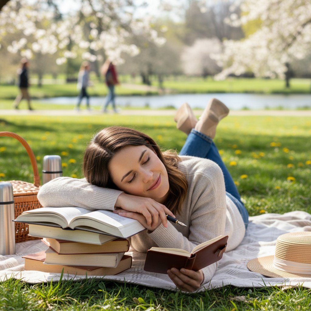 Kobieta siedząca w parku, rozmawiająca przez telefon, zrelaksowana i uśmiechnięta, brak urządzeń cyfrowych w tle