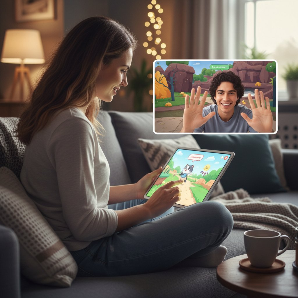 Młoda kobieta grająca w gry z kotkami online na laptopie, emocje i relacje