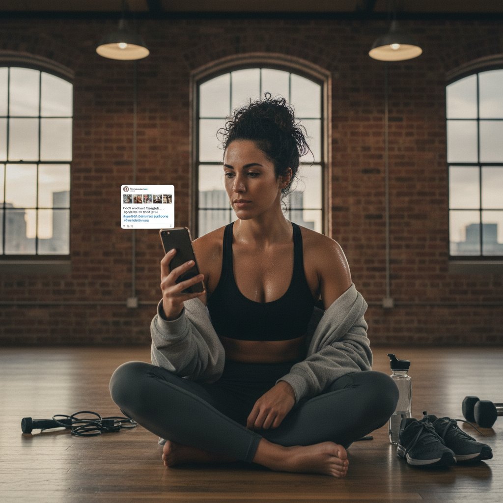 Kobieta patrząca na ekran telefonu po treningu, zamyślony wyraz twarzy, w tle widoczny feed Instagrama