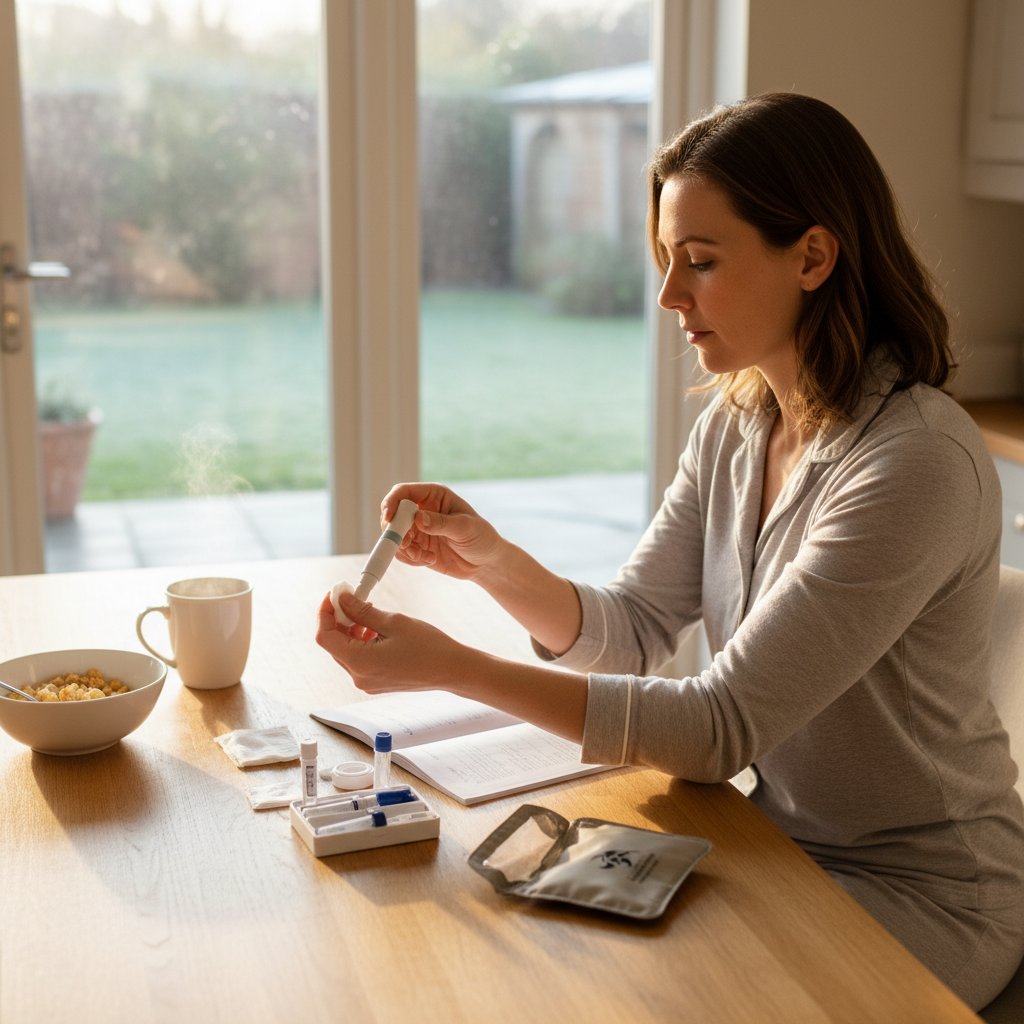 Kobieta przygotowująca się do badania krwi, spokojny poranek w domu