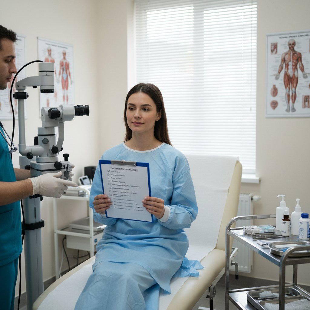 Pacjentka przygotowująca się do badania kolposkopowego w nowoczesnym gabinecie, z widoczną listą kontrolną