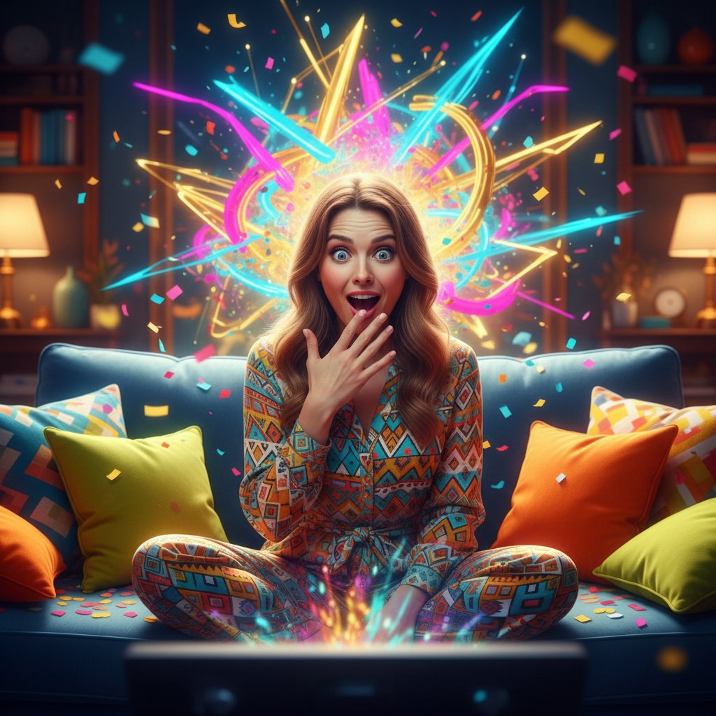 Photo of a woman reacting to a surprising movie twist, playful and vibrant, capturing the unpredictability of Dakota Johnson films