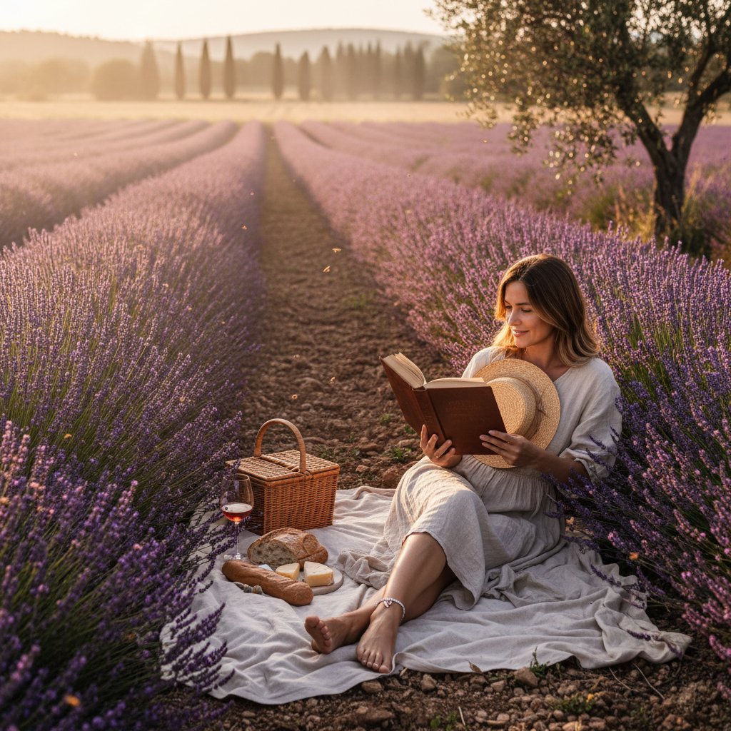Kobieta czytająca książkę wśród lawendy, stylizacja 'slow life'