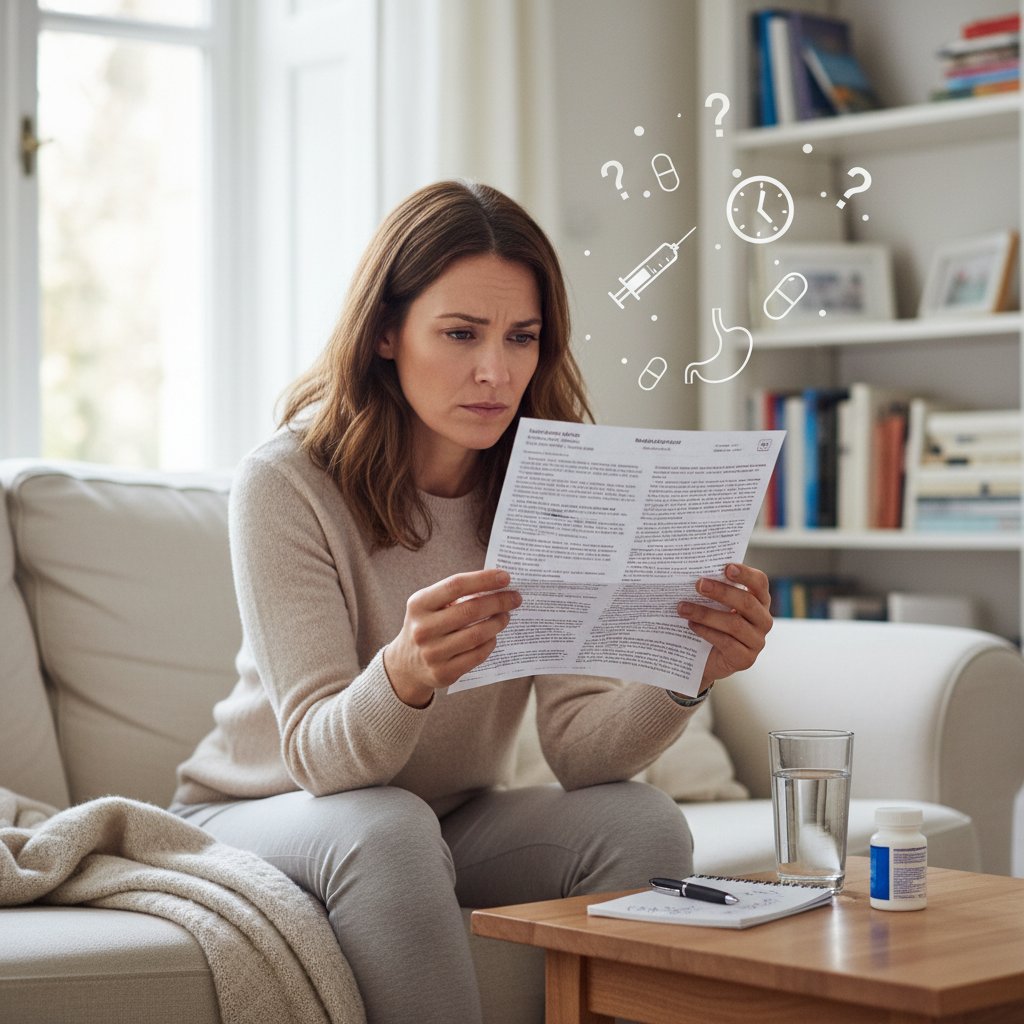 Kobieta czyta ulotkę leku w domu, obok leżą notatki z pytaniami do lekarza, słowa kluczowe: przygotowanie do leczenia, edukacja pacjenta