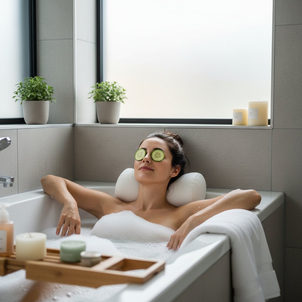 Zdjęcie kobiety relaksującej się z plasterkami ogórka na oczach, w domowej łazience